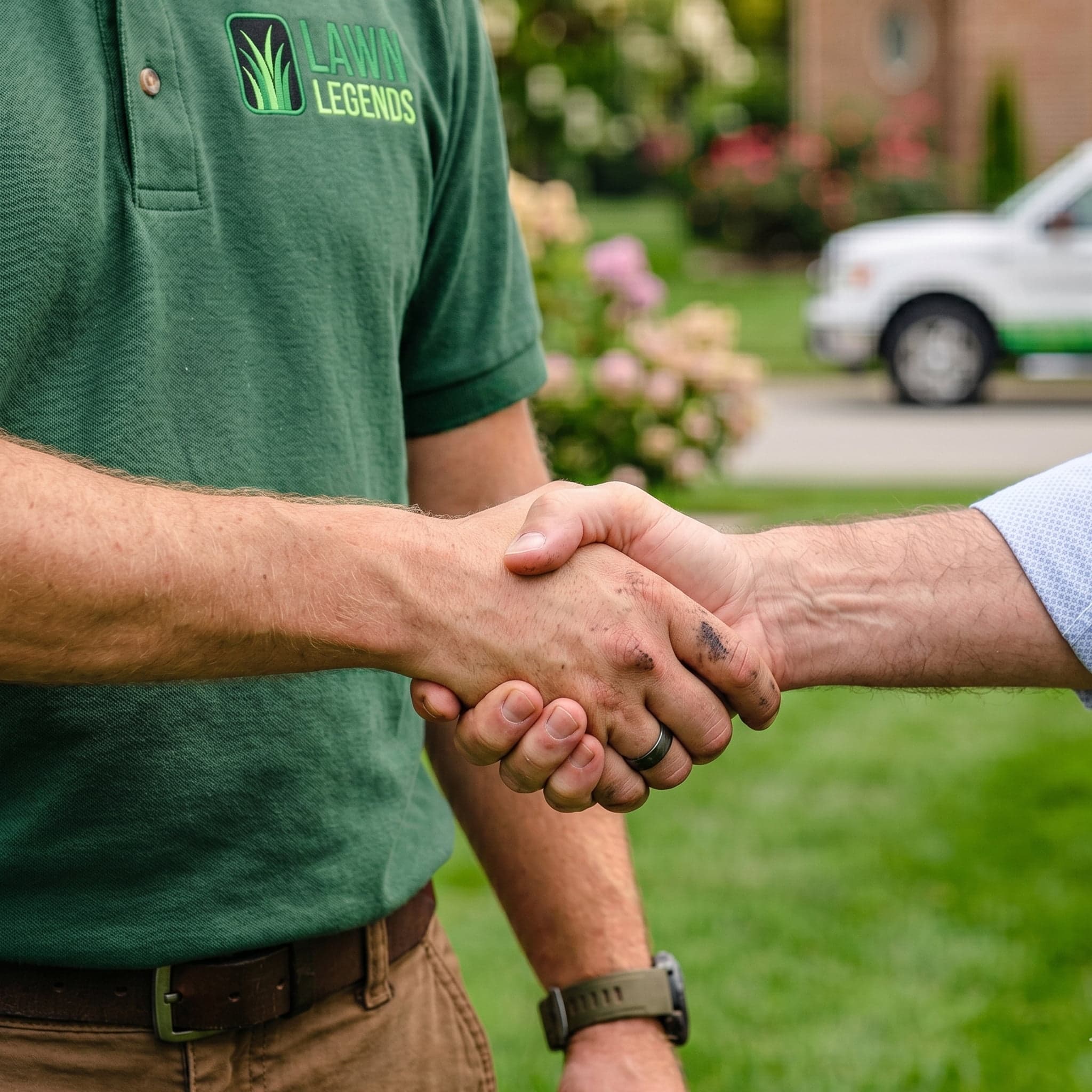 Lawn Legends shaking hands with a homeowner on a residential lawn in the Des Moines area